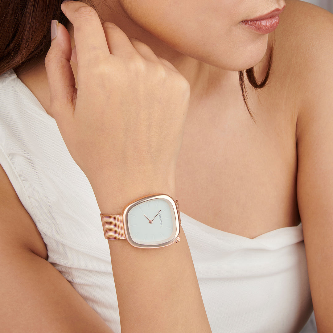 Nocturne White Small Square Dial Rose Gold Mesh Strap Women's Watch