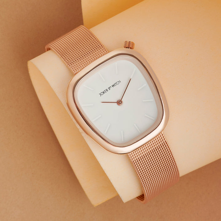Nocturne White Small Square Dial Rose Gold Mesh Strap Women's Watch