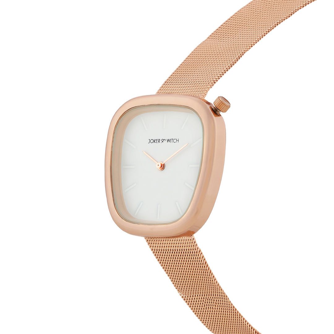 Nocturne White Small Square Dial Rose Gold Mesh Strap Women's Watch