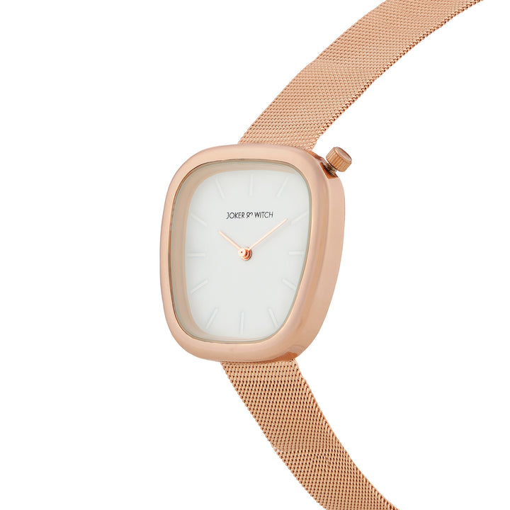 Nocturne White Small Square Dial Rose Gold Mesh Strap Women's Watch