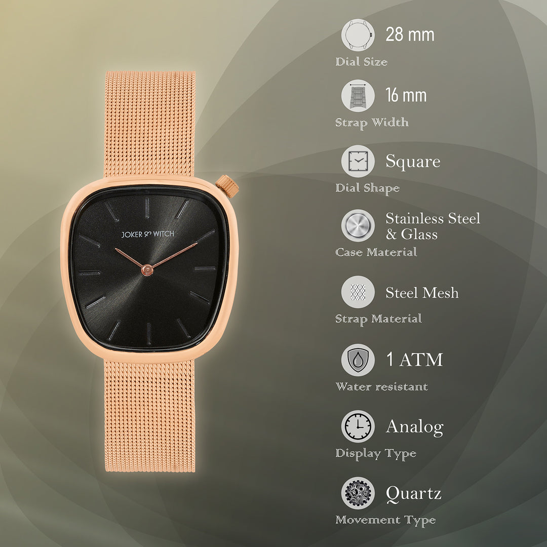 Nocturne Black Small Square Dial Rose Gold Mesh Strap Women's Watch