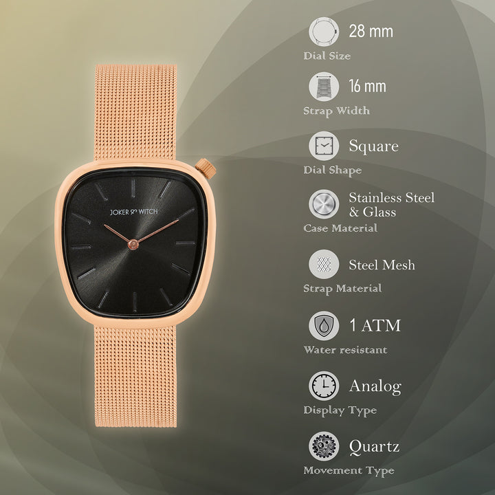 Nocturne Black Small Square Dial Rose Gold Mesh Strap Women's Watch