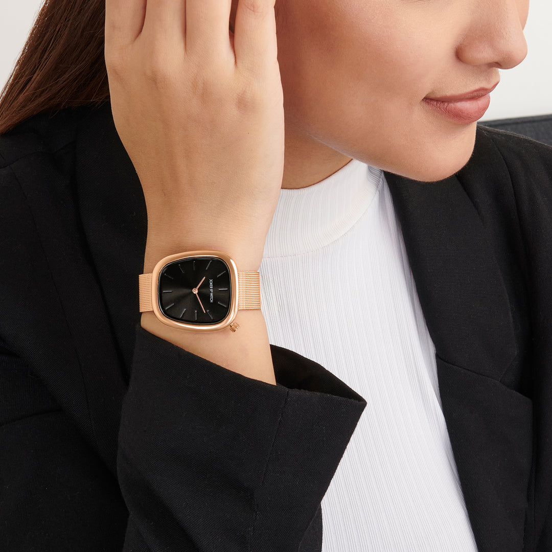 Nocturne Black Small Square Dial Rose Gold Mesh Strap Women's Watch