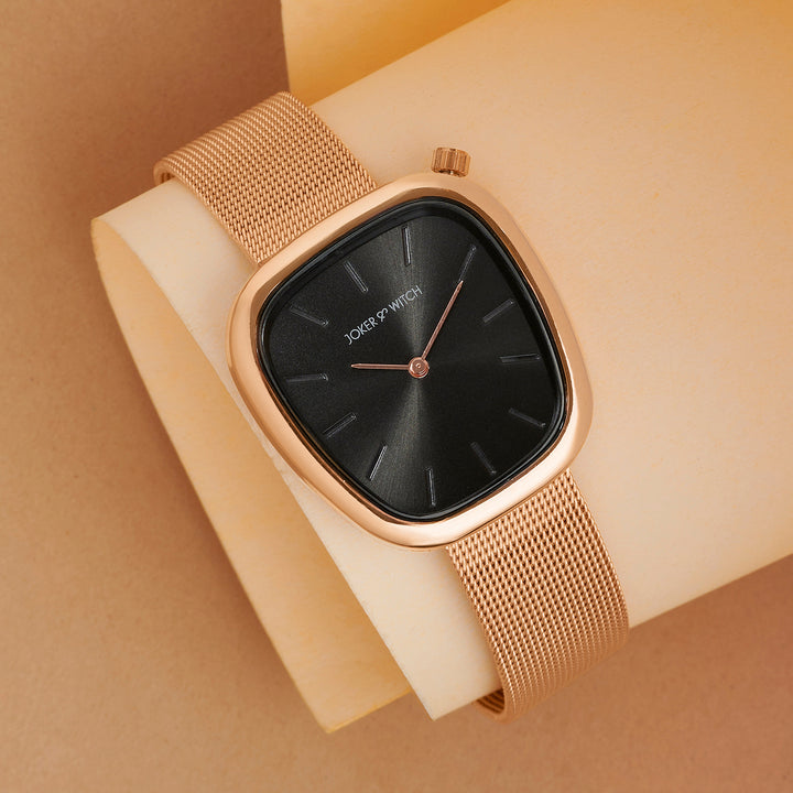 Nocturne Black Small Square Dial Rose Gold Mesh Strap Women's Watch