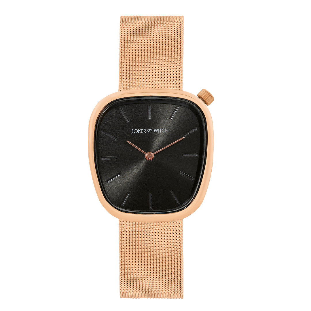 Nocturne Black Small Square Dial Rose Gold Mesh Strap Women's Watch