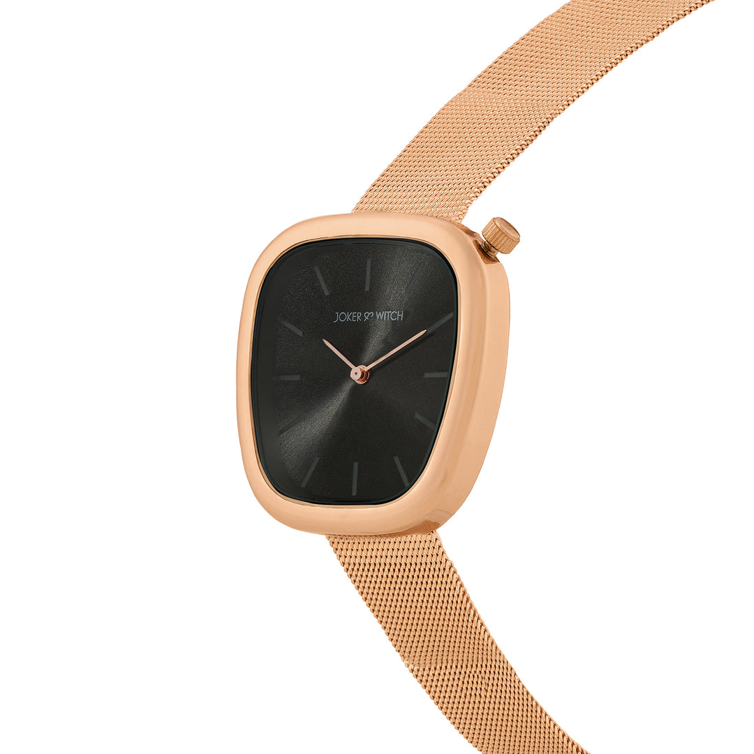 Nocturne Black Small Square Dial Rose Gold Mesh Strap Women's Watch