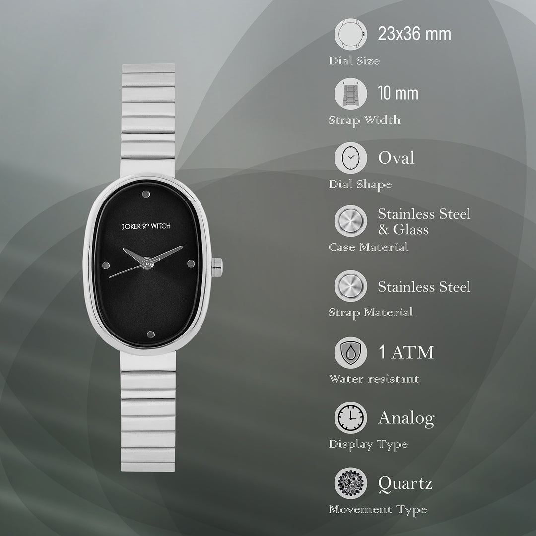 Eterna Black Small Oval Dial Silver Linked Chain Strap Women's Watch