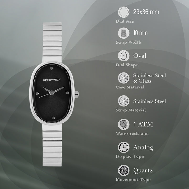 Eterna Black Small Oval Dial Silver Linked Chain Strap Women's Watch