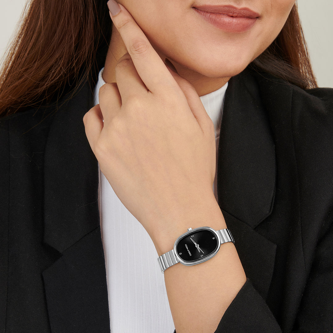 Eterna Black Small Oval Dial Silver Linked Chain Strap Women's Watch