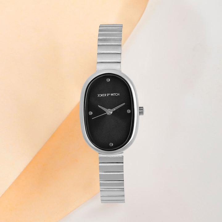 Eterna Black Small Oval Dial Silver Linked Chain Strap Women's Watch