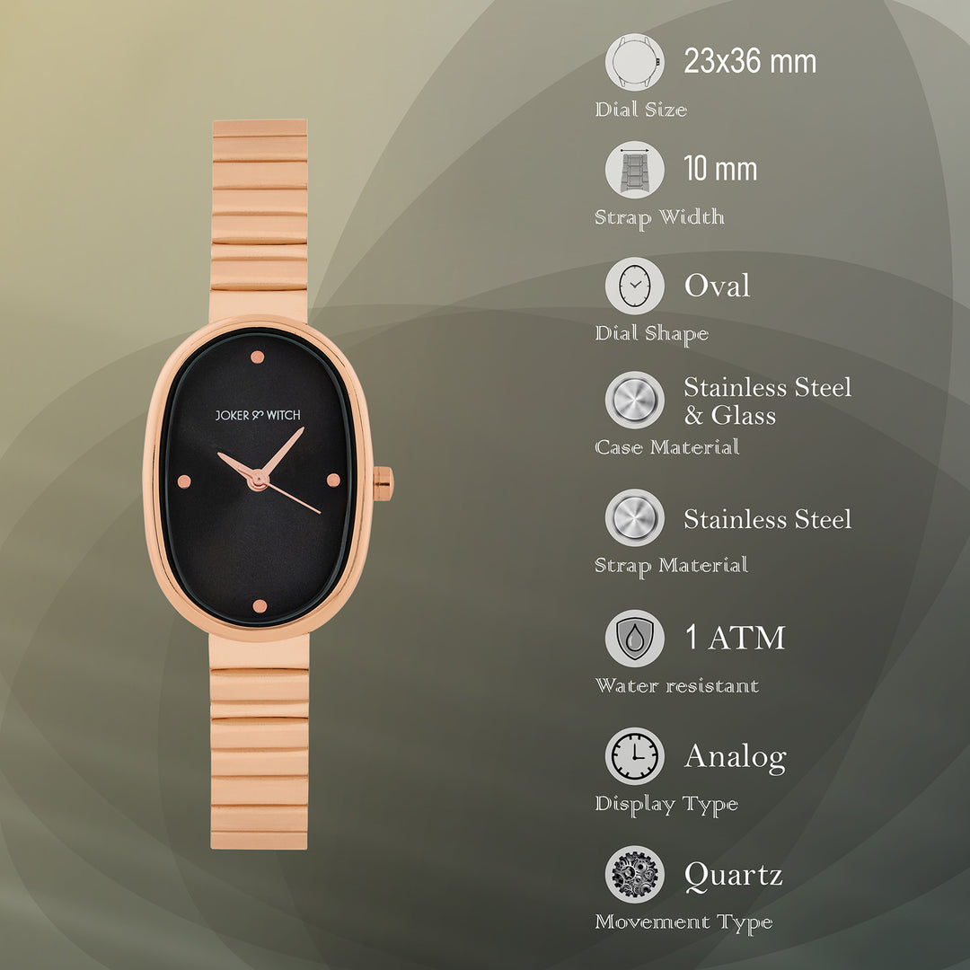 Eterna Black Small Oval Dial Rose Gold Linked Chain Strap Women's Watch