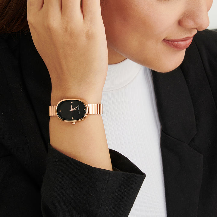 Eterna Black Small Oval Dial Rose Gold Linked Chain Strap Women's Watch