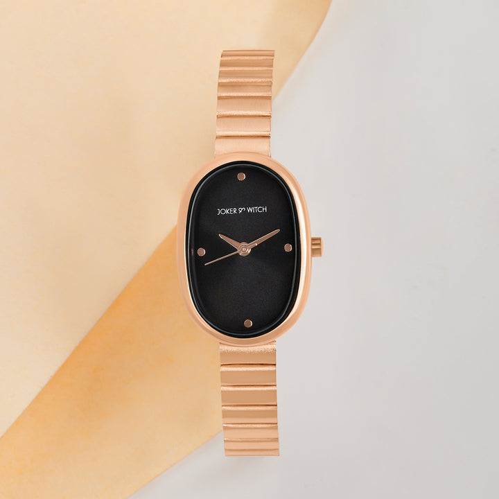 Eterna Black Small Oval Dial Rose Gold Linked Chain Strap Women's Watch