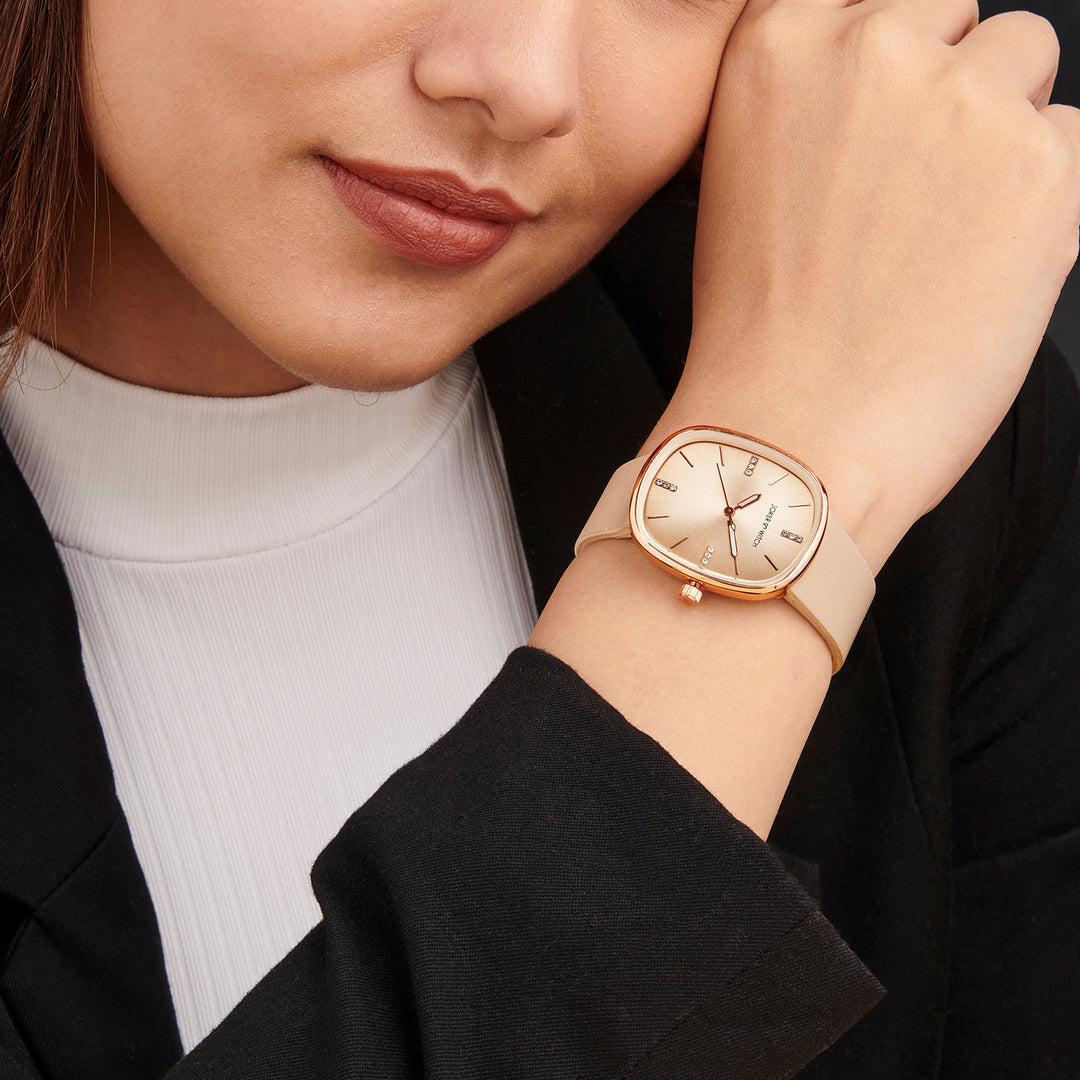 Verona Beige Medium Rectangle Dial PU Strap Women's Watch