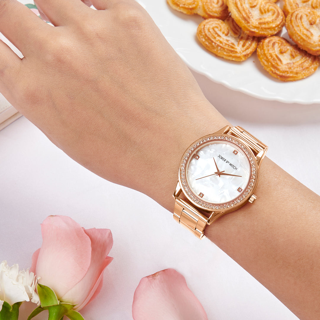 Jia White Large Dial Rose Gold Linked Chain Strap Women's Watch