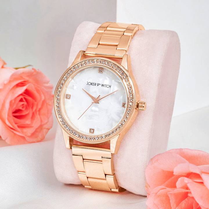 Jia White Large Dial Rose Gold Linked Chain Strap Women's Watch