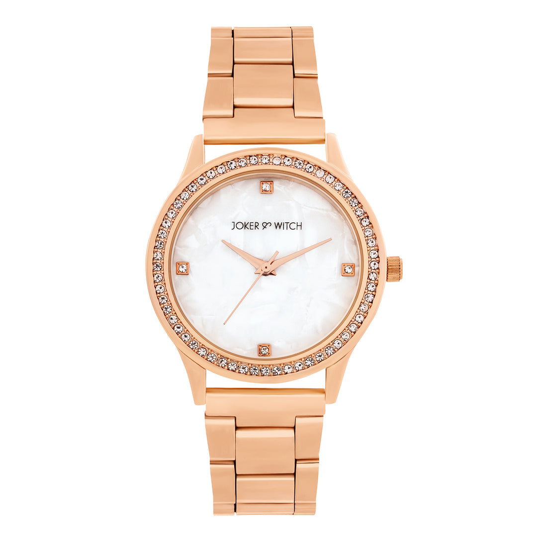 Jia White Large Dial Rose Gold Linked Chain Strap Women's Watch