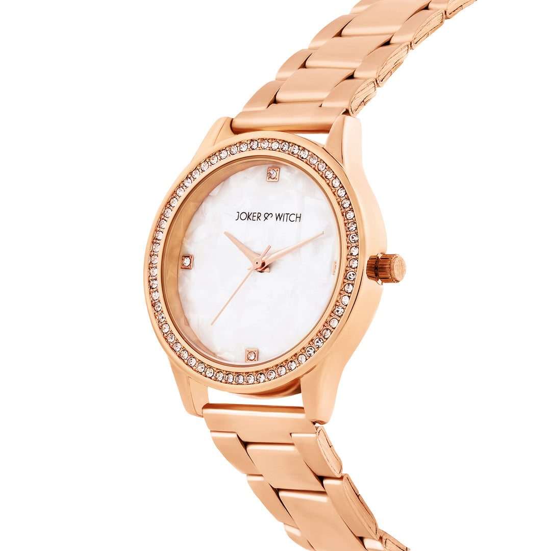 Jia White Large Dial Rose Gold Linked Chain Strap Women's Watch