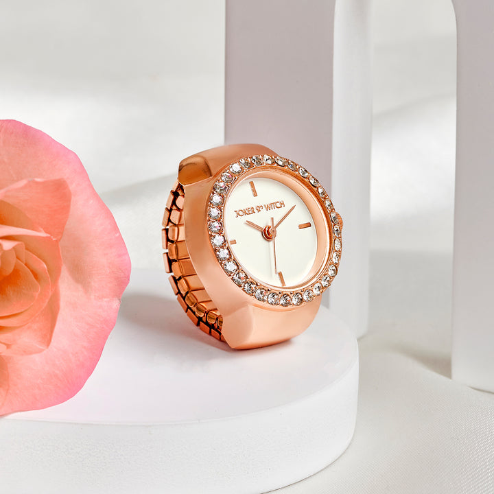 Savanna White Mini Rhinestone Dial Rose Gold Women's Ring Watch