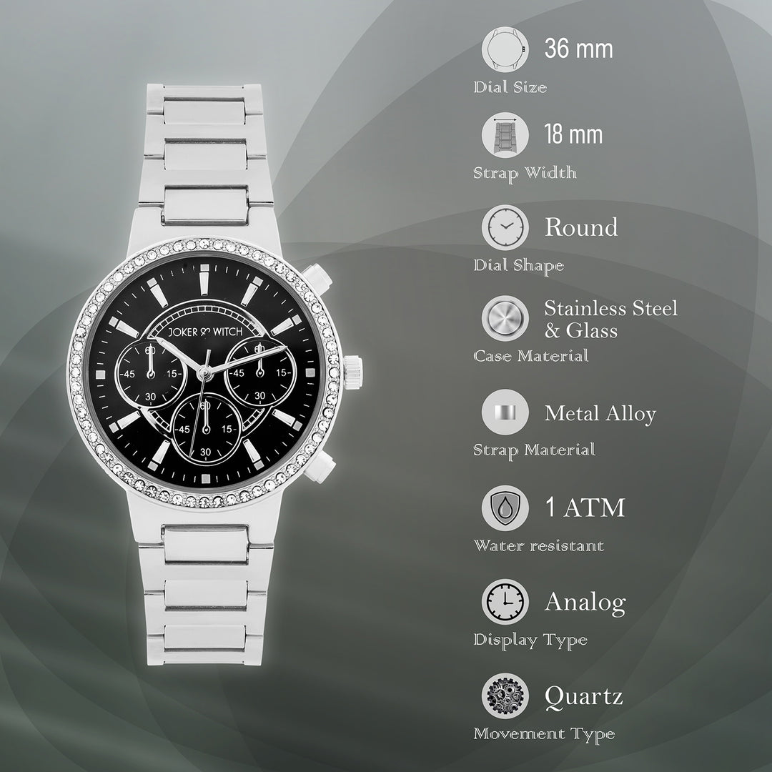 Darleen Black Medium Rhinestone Dial Silver Linked Chain Strap Women's Watch