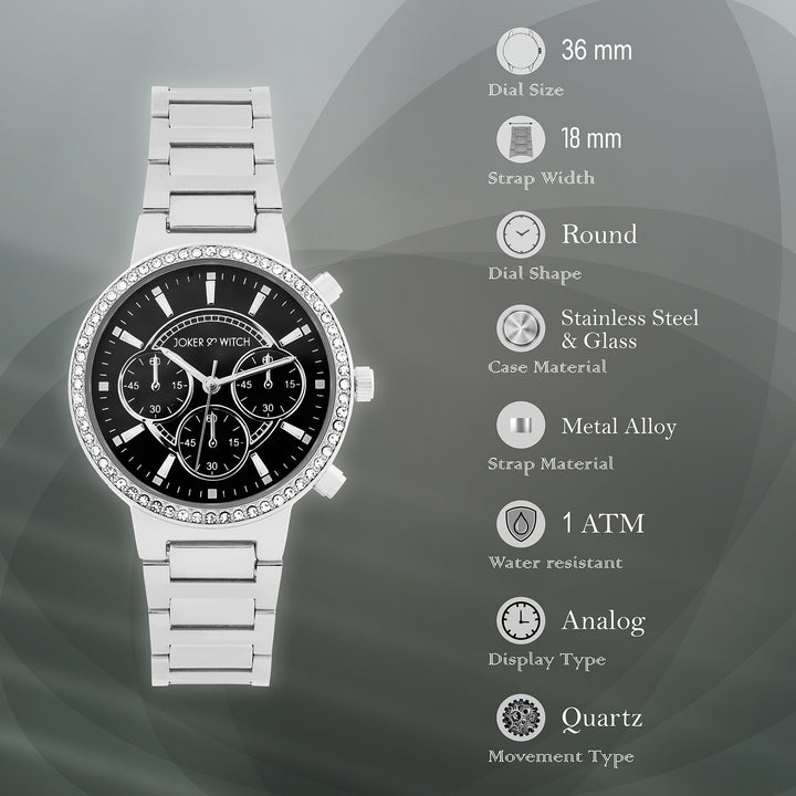 Darleen Black Medium Rhinestone Dial Silver Linked Chain Strap Women's Watch