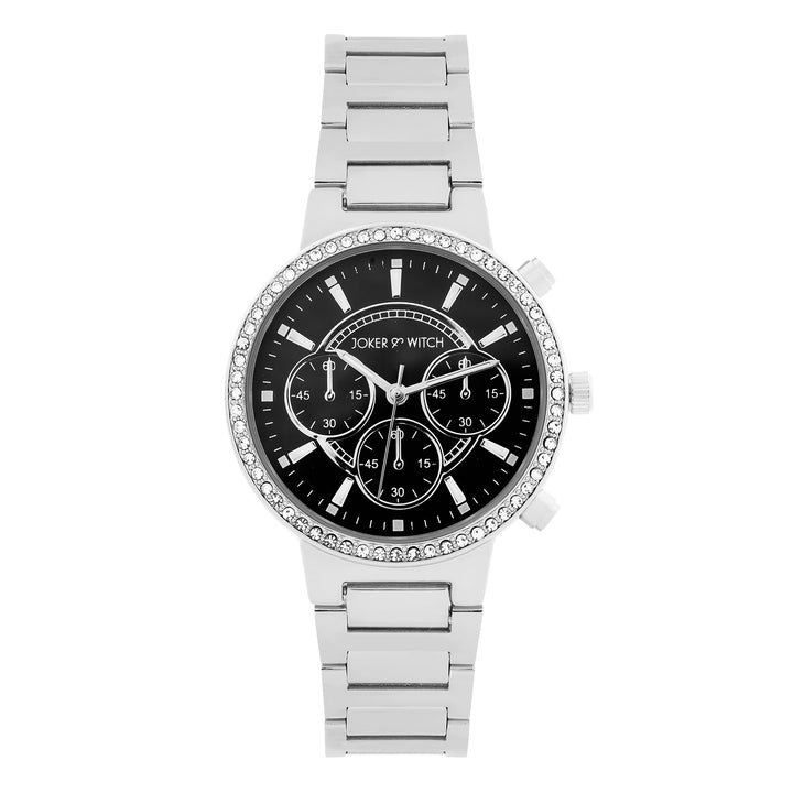 Darleen Black Medium Rhinestone Dial Silver Linked Chain Strap Women's Watch