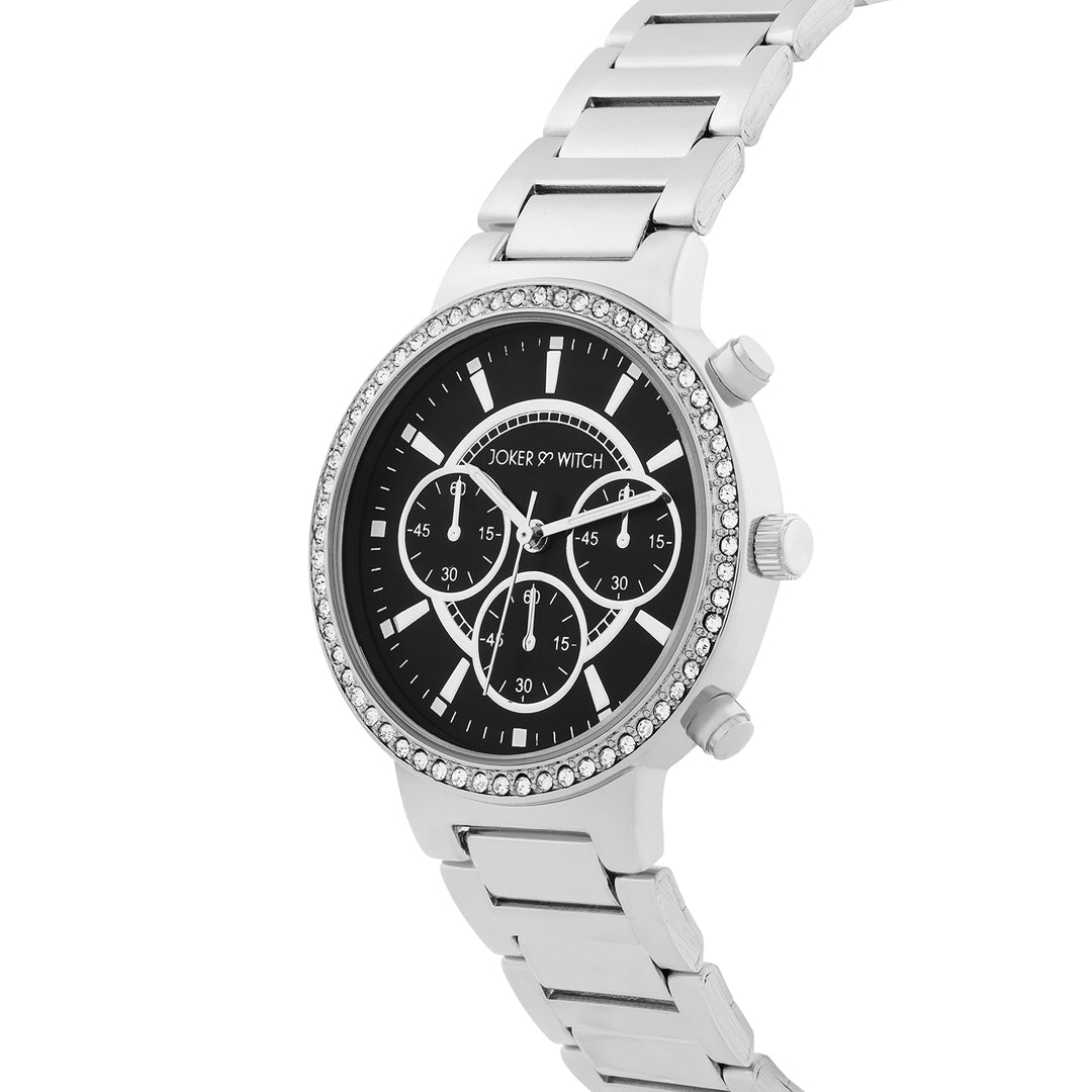 Darleen Black Medium Rhinestone Dial Silver Linked Chain Strap Women's Watch