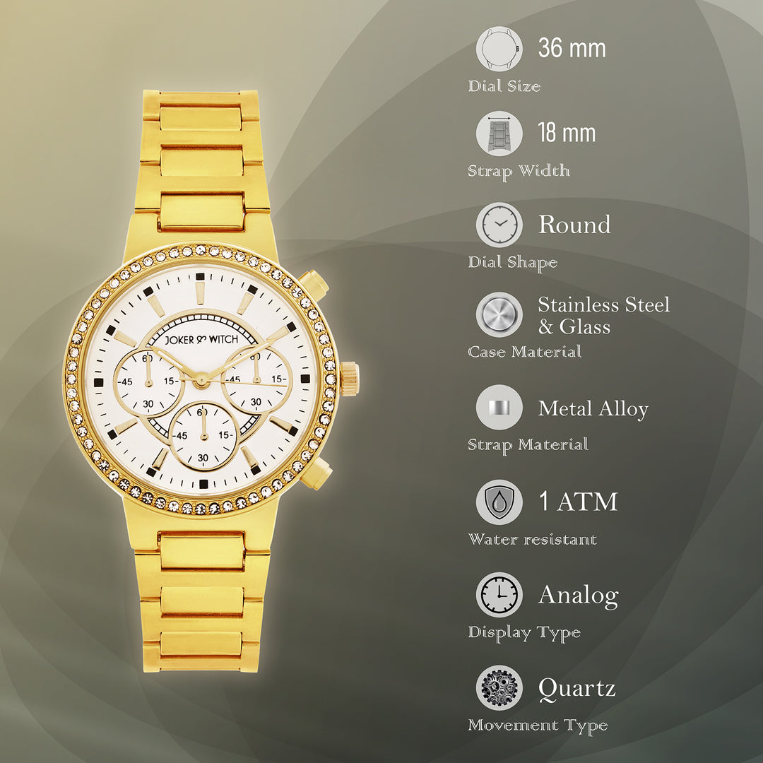 Darleen White Medium Rhinestone Dial Gold Linked Chain Strap Women's Watch