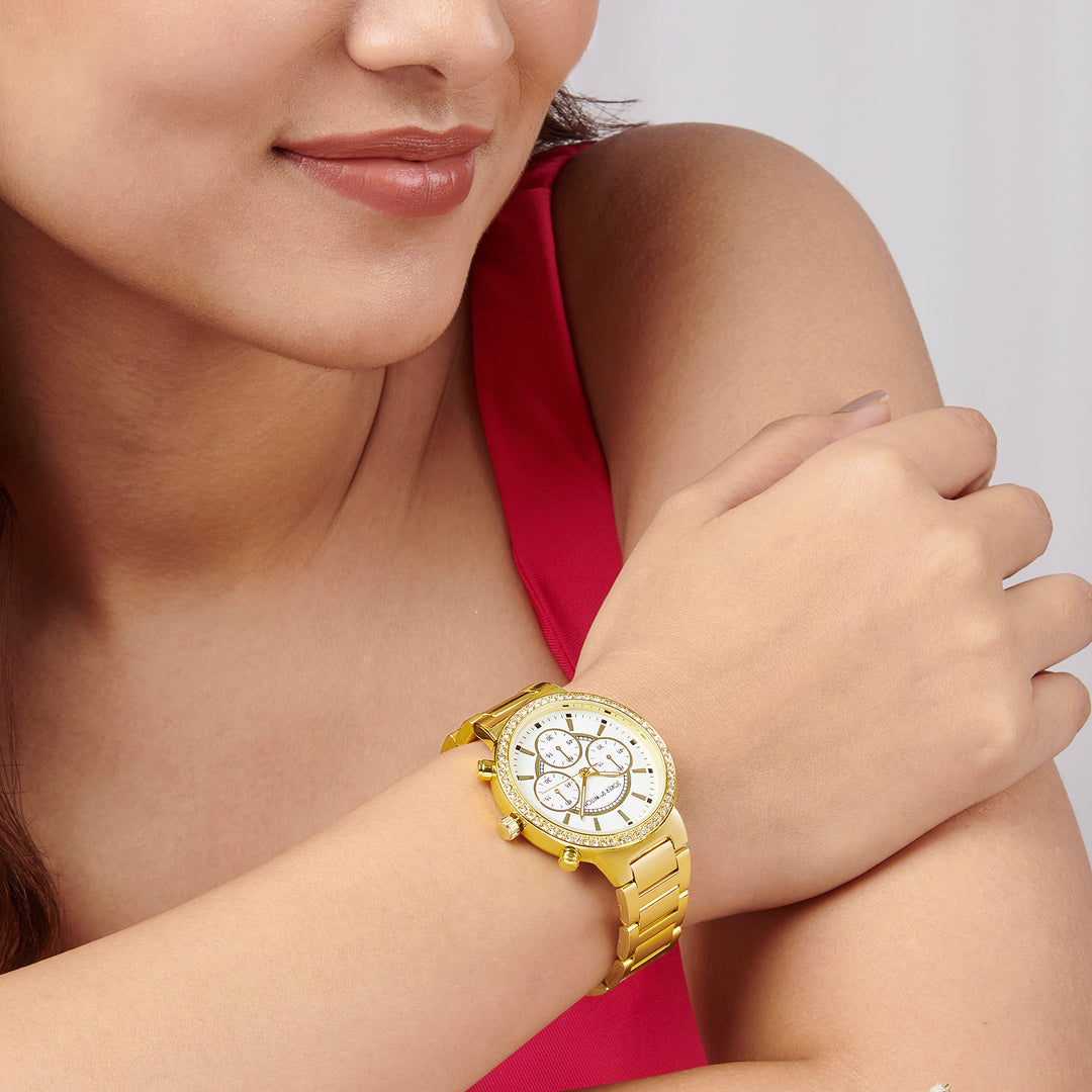 Darleen White Medium Rhinestone Dial Gold Linked Chain Strap Women's Watch