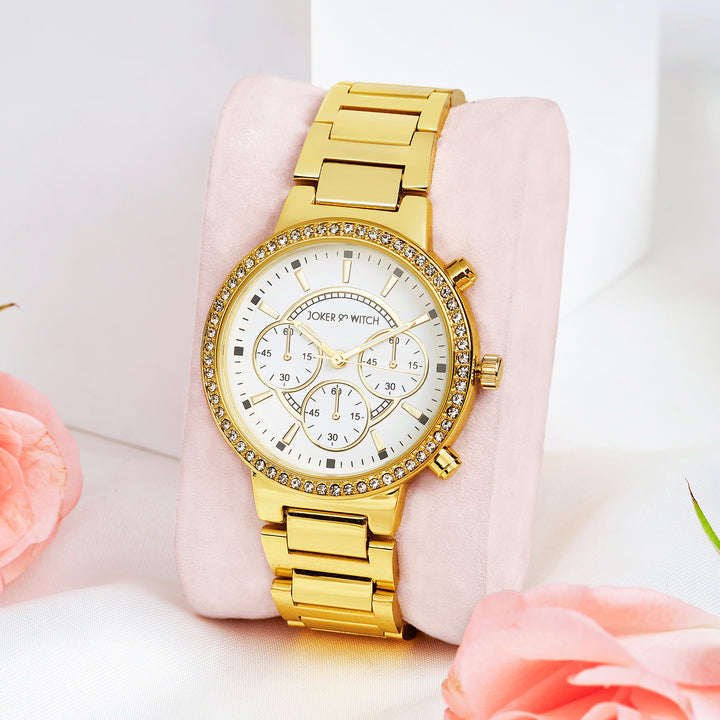 Darleen White Medium Rhinestone Dial Gold Linked Chain Strap Women's Watch