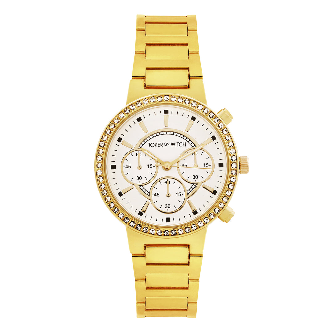 Darleen White Medium Rhinestone Dial Gold Linked Chain Strap Women's Watch