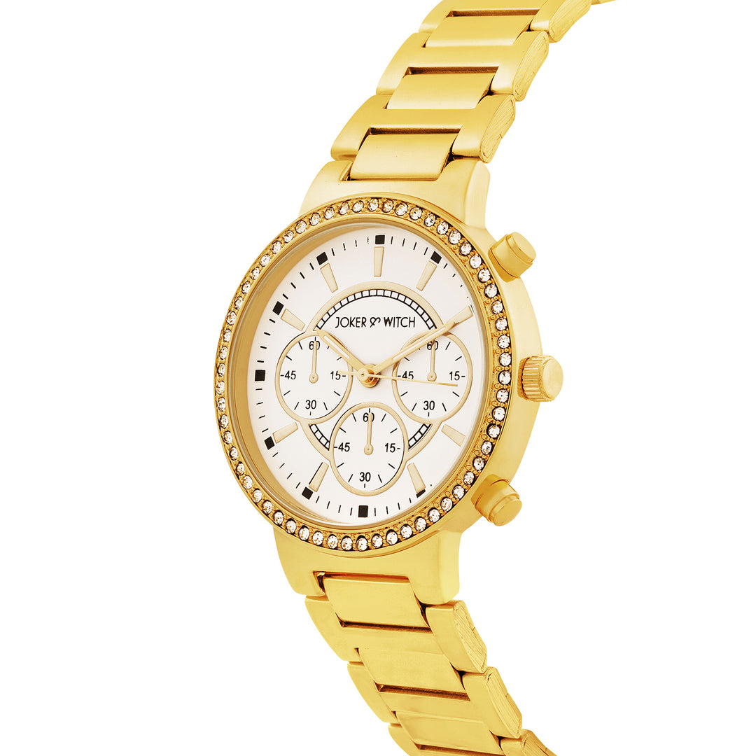 Darleen White Medium Rhinestone Dial Gold Linked Chain Strap Women's Watch