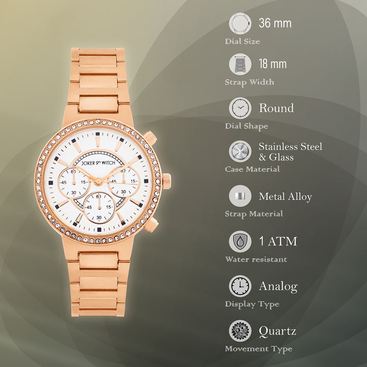 Darleen White Medium Rhinestone Dial Rose Gold Linked Chain Strap Women's Watch