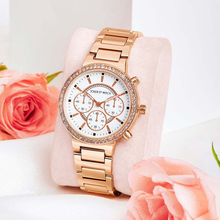 Darleen White Medium Rhinestone Dial Rose Gold Linked Chain Strap Women's Watch