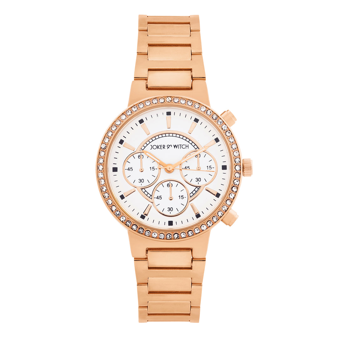 Darleen White Medium Rhinestone Dial Rose Gold Linked Chain Strap Women's Watch