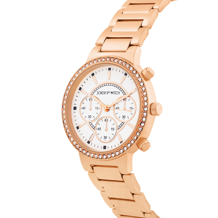 Darleen White Medium Rhinestone Dial Rose Gold Linked Chain Strap Women's Watch