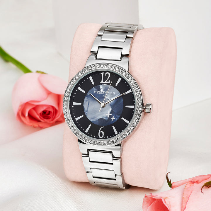 Mirage Black Medium Dial Silver Linked Chain Strap Women's Watch