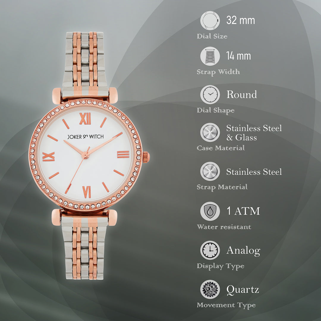 Opaline White Medium Rhinestone Dial Dual Tone Linked Chain Strap Women's Watch