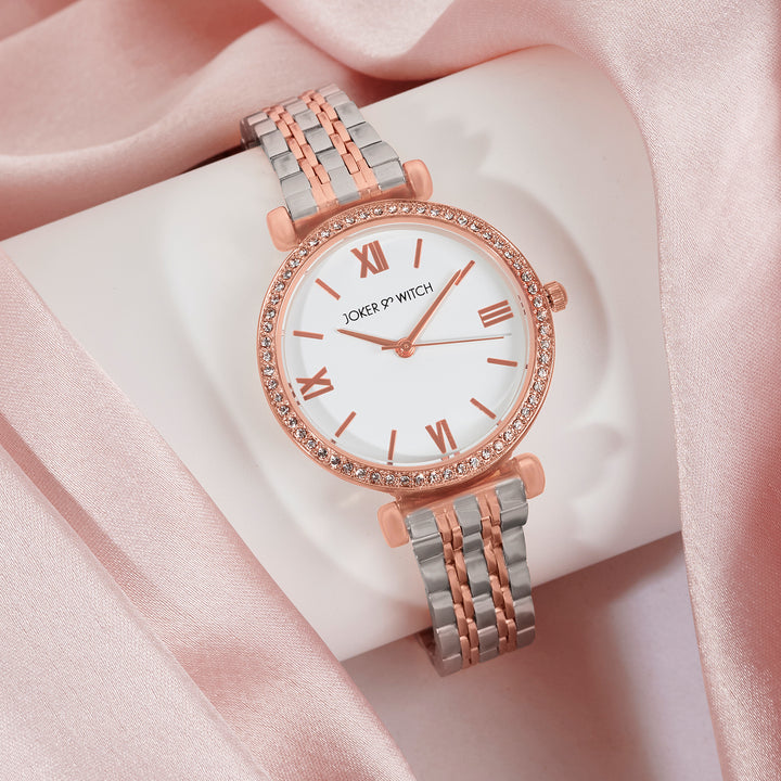 Opaline White Medium Rhinestone Dial Dual Tone Linked Chain Strap Women's Watch