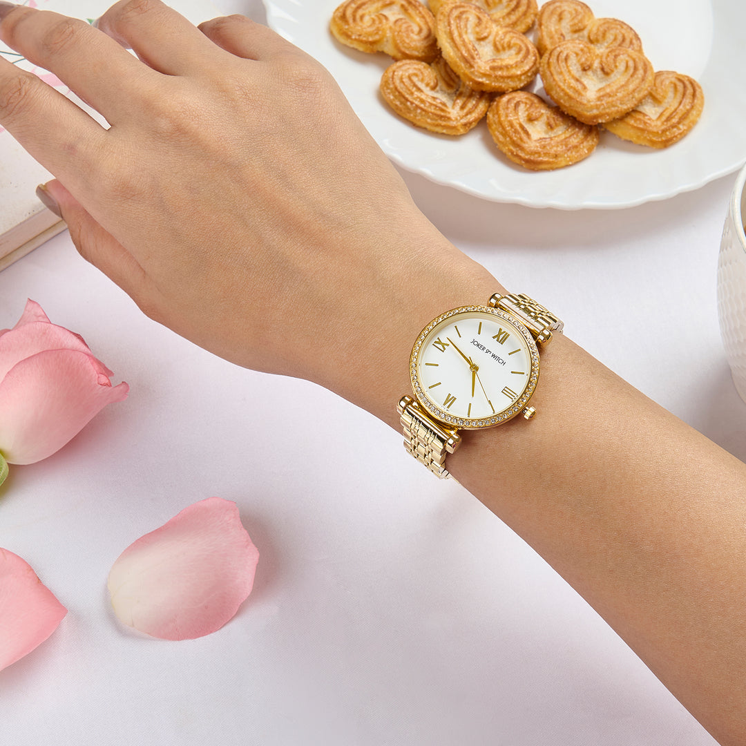 Opaline White Medium Rhinestone Dial Gold Linked Chain Strap Women's Watch