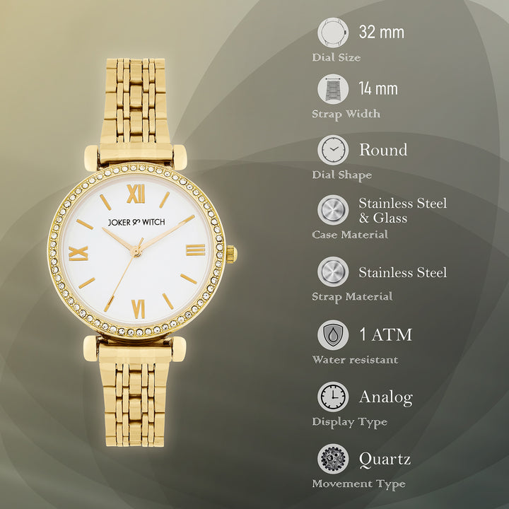 Opaline White Medium Rhinestone Dial Gold Linked Chain Strap Women's Watch