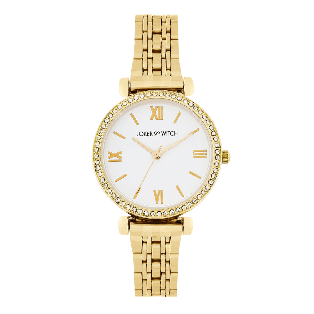 Opaline White Medium Rhinestone Dial Gold Linked Chain Strap Women's Watch