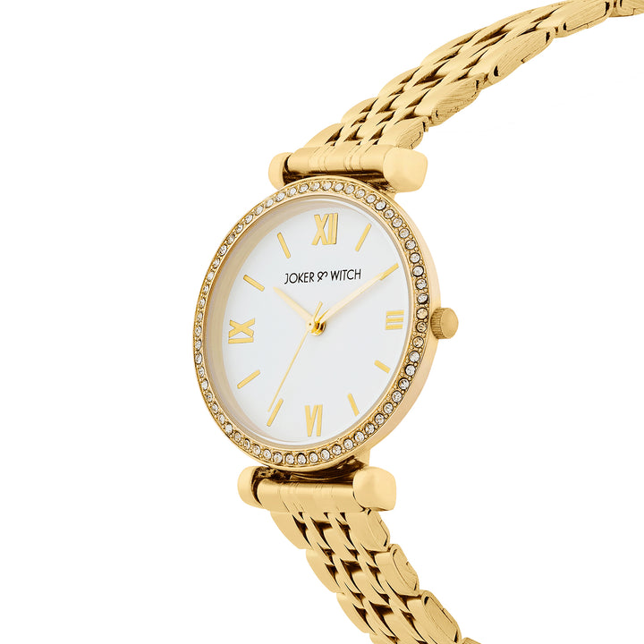Opaline White Medium Rhinestone Dial Gold Linked Chain Strap Women's Watch