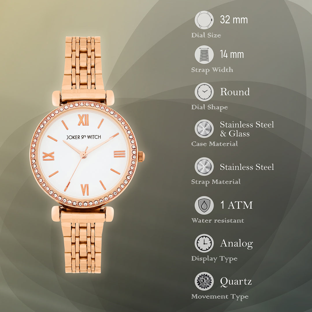 Opaline White Medium Rhinestone Dial Rose Gold Linked Chain Strap Women's Watch