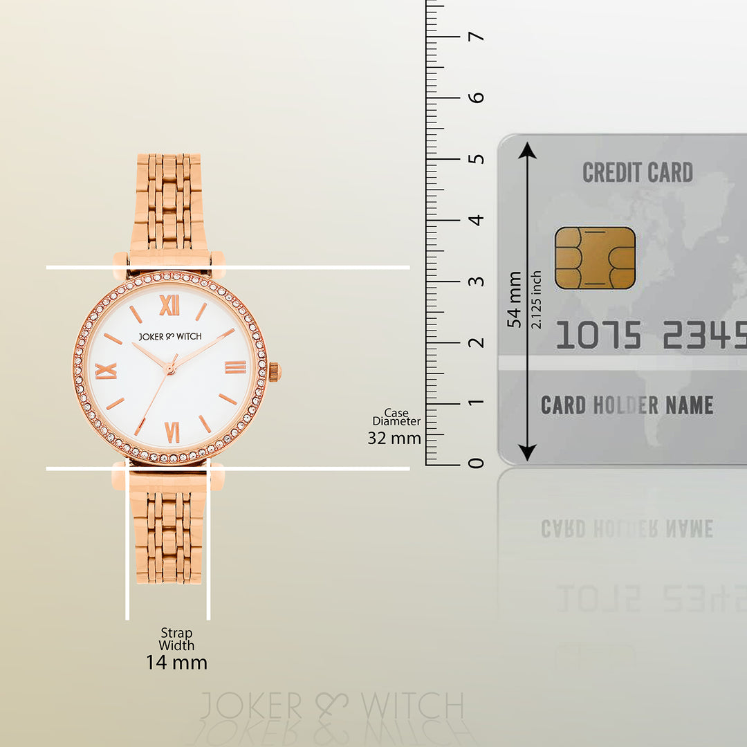 Opaline White Medium Rhinestone Dial Rose Gold Linked Chain Strap Women's Watch