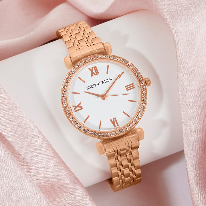 Opaline White Medium Rhinestone Dial Rose Gold Linked Chain Strap Women's Watch