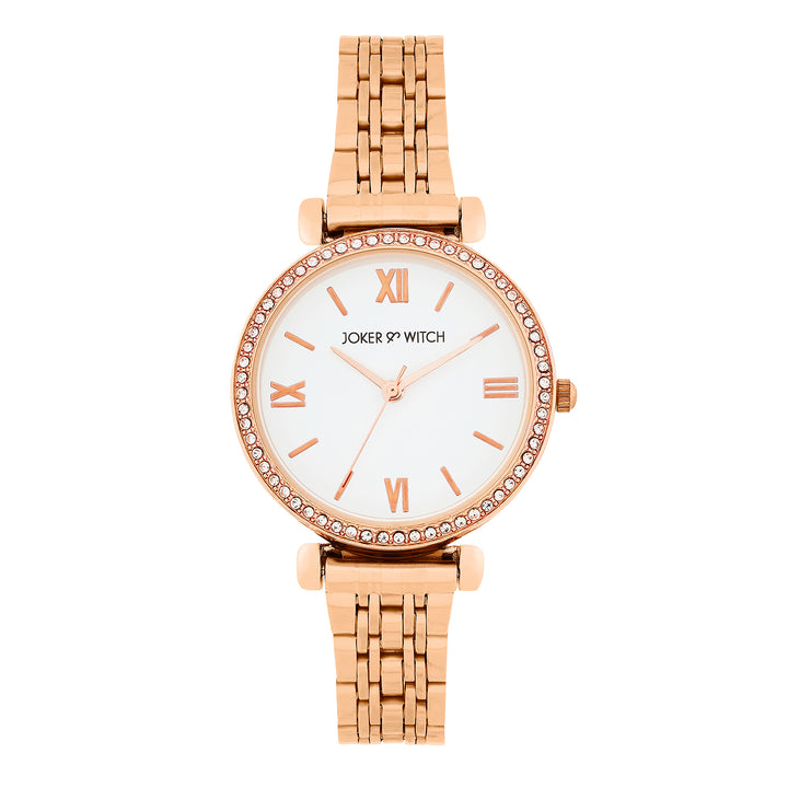 Opaline White Medium Rhinestone Dial Rose Gold Linked Chain Strap Women's Watch