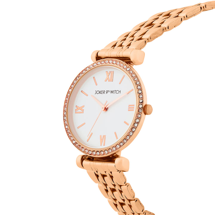 Opaline White Medium Rhinestone Dial Rose Gold Linked Chain Strap Women's Watch