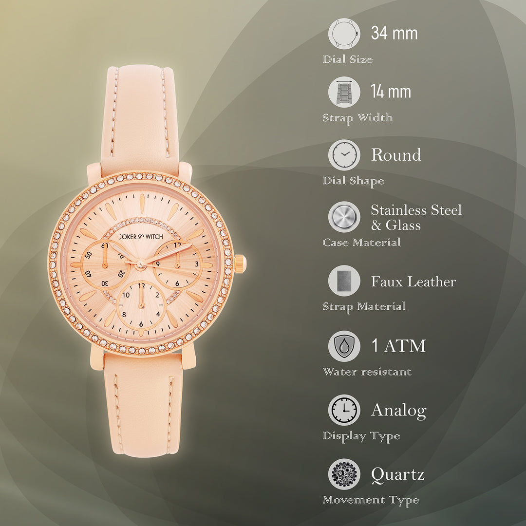 Giselle Beige Medium Rhinestone Dial PU Strap Women's Watch