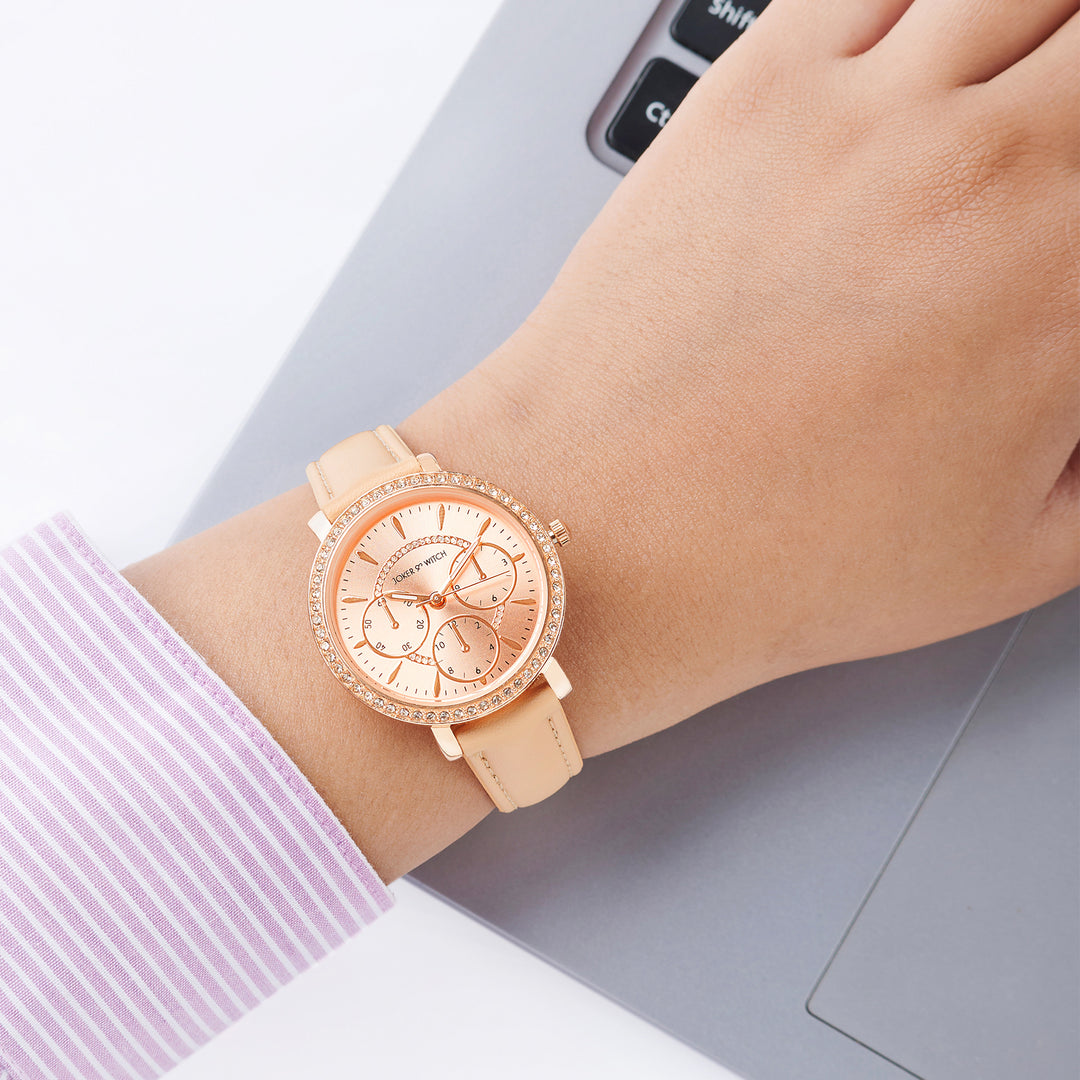 Giselle Beige Medium Rhinestone Dial PU Strap Women's Watch